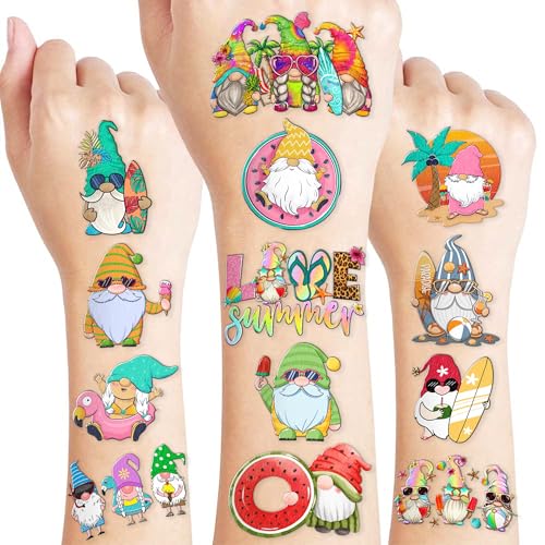 10 Sheets 100PCS Summer Gnomes Temporary Beach Gnomes Decorations Supplies Favors Theme Birthday Cute Christmas Gifts for Boys Girls Kids Class School Prizes Carnival