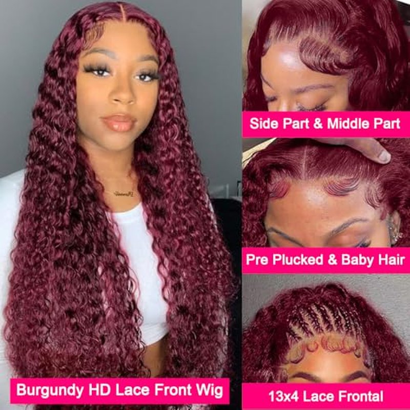 Deep Wave Lace Front Wigs 99j Burgundy 13x4 Deep Curly HD Transparent Lace Frontal Wig for Women 180% Density Glueless Wine Red Colored Human Hair Wig Pre Plucked Super Soft 18inch