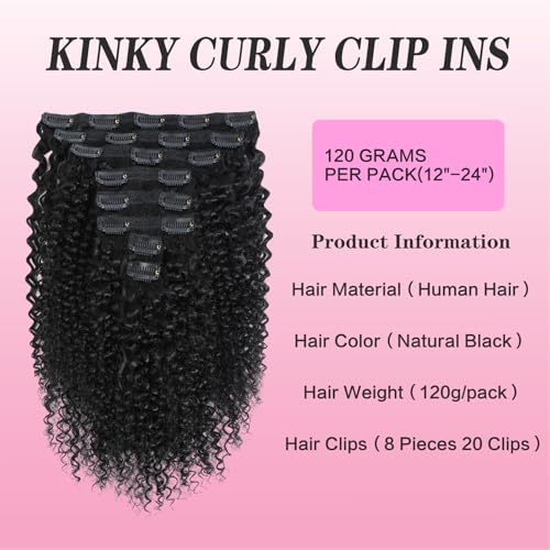 Kinky Curly Clip in Hair Extensions for Women 3C 4A Kinky Curly Clip ins 8pcs 120g/set 10A Brazilian Virgin Human Hair Curly Hair Extensions Natural Black 18 Inch