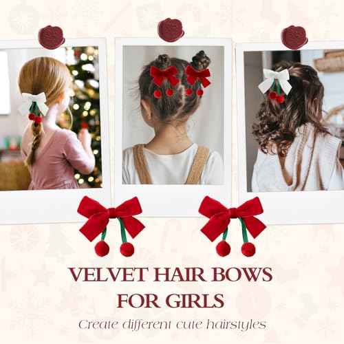 Bessrung 4 PCS Velvet Cherry Hair Bows for Girls, Bow Hair Clips, Red White Hair Ribbon with Alligator Hair Clips, Cute Girls Hair Accessories for Toddlers Kids Teens Christmas Gifts