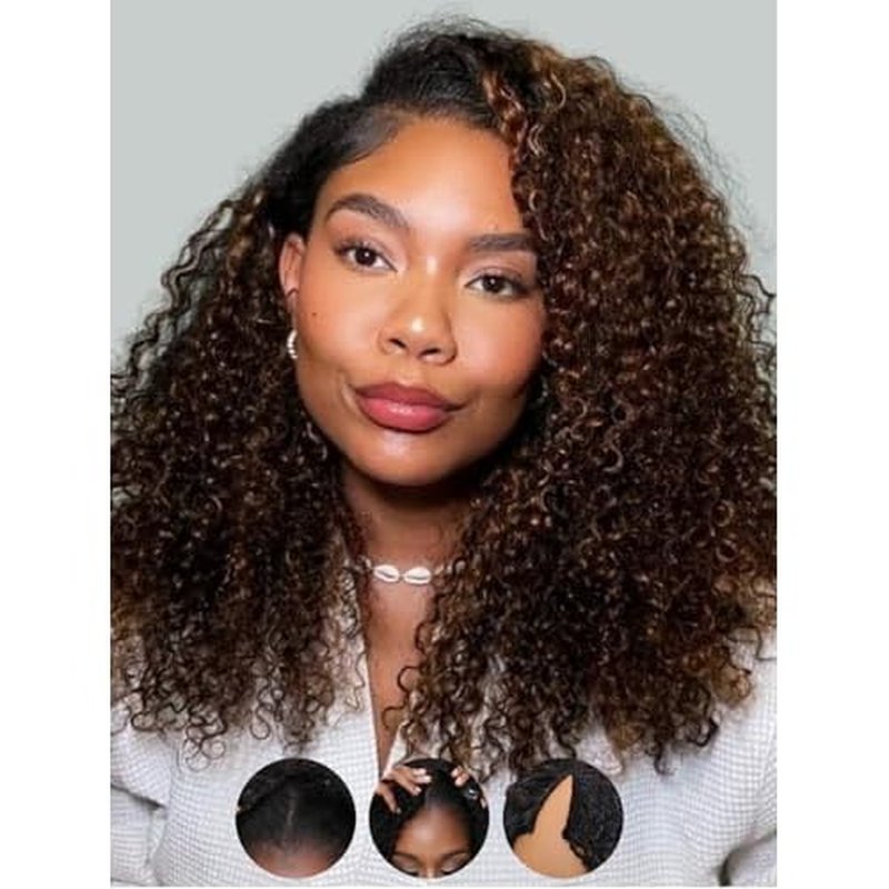 Sunber EasiContour V Part Human Hair Ombre Chestnut Brown Curly Glueless Wig Upgrade Vpart Wigs No Leave Out No Gel 180% Density V Shape Clip Wigs No Sew in Ready to Go Beginner Friendly 16Inch