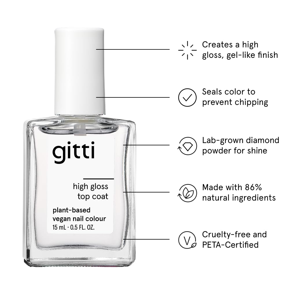 gitti High Gloss Top Coat I Plant-based, Non-Toxic, 30-Free, Based On Natural Origin Ingredients, Cruelty-Free, Vegan, Extra Long-Lasting, Prevents Chipping I Maximum Shine, Clear (0.5 fl oz)