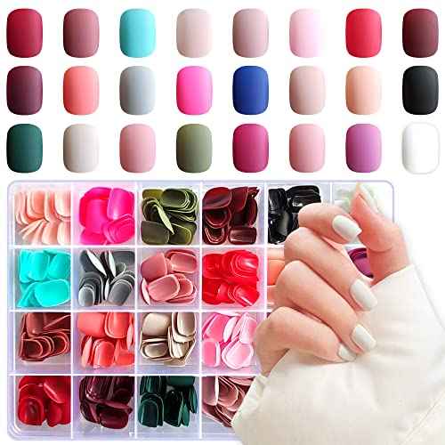 AddFavor 576pcs Short Press on Nails Full Cover Matte Fake Nails Solid Colors Acrylic Artificial False Nail Tips for Women Girls Nail Art Manicure