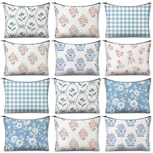 Reginary 12 PCS Grandmillennial makeup bag Travel Quilted Cosmetic Makeup Organizer Coquette Aesthetic Toiletry Bag for Women