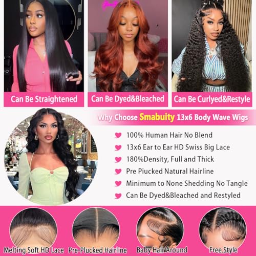 13x6 Body Wave Lace Front Wigs Human Hair Pre Plucked, 180% Density HD Transparent Glueless Lace Frontal Wigs with Baby Hair for Women, 26 Inch