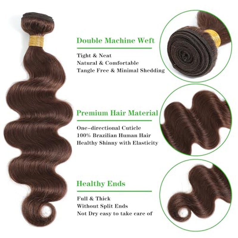 Kapelli Hair Brazilian Body Wave Bundles with Closure (14 16 18+12) 10A Light Brown Body Wave Human Hair Bundles with Lace Closure Brazilian Virgin Hair 3 Bundles with Lace Closure with Baby Hair