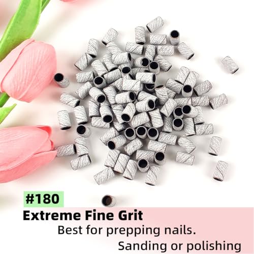 100 Pcs (180 Grit White)Sanding Bands Nail Drill Bit with 0.31in diameter,Nail Drill Bits Extreme Fine Grit Sanding Band,Sanding Belt Upgrade Mandrel Bits,Professional Nail Drill Bit for Acrylic Nails