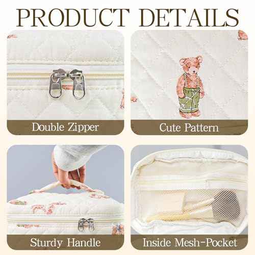 3Pcs Quilted Makeup Bag for Women, Large Travel Makeup Bag Set, Cute Aesthetic Cosmetic Bags, Floral Cotton Makeup Pouch Coquette Toiletry Organizer Bag