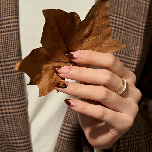 BTArtbox Press On Nails Almond - Amber Hoops, Tortoise Shell Short French Tip Press On Nails with Glue and Adhesive Tabs for Women, Soft Gel Glue On Nails in 16 Sizes - 32 Stick On Nails Kit