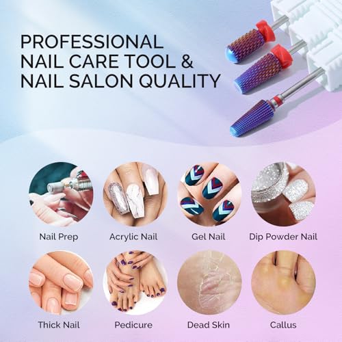 MelodySusie 3Pcs Nail Drill Bits Set, 3/32'' Carbide Tungsten Bits, 5 in 1, Smooth Round Top Large Barrel and Tornado Bits, Suitable for Manicure Pedicure Cuticle Gel Acrylic Remover, Purple