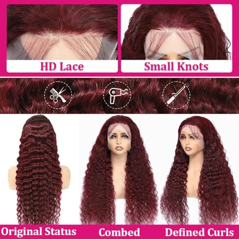 Deep Wave Lace Front Wigs 99j Burgundy 13x4 Deep Curly HD Transparent Lace Frontal Wig for Women 180% Density Glueless Wine Red Colored Human Hair Wig Pre Plucked Super Soft 18inch
