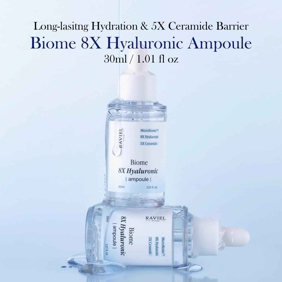 RAVIEL Biome 8X Hyaluronic Ampoule – Intensive Hydration & Pore Care Serum with 5X Ceramide for Dehydrated, Sensitive Skin, Korean Skincare, 30ml 1.01 fl oz