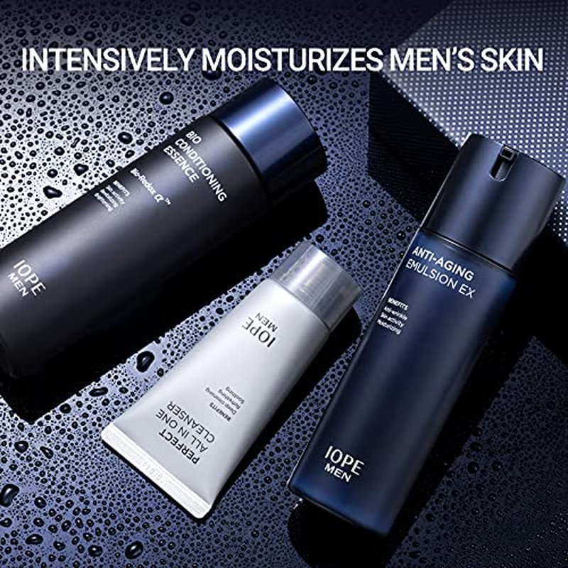 IOPE MEN BIO Anti-aging & Moisturizing Set, Cleanser, Emulsion, Conditioning Essence Serum and Soothing Aftershave, HOMME Korean Skincare by Amorepacific
