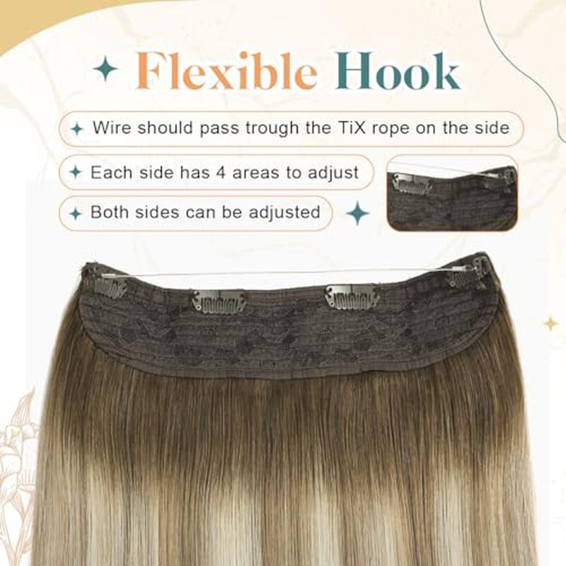 Sindra Wire Hair Extensions Human Hair Balayage Walnut Brown to Light Brown With Blonde Fishing Line Extensions 22Inch 85g Remy Invisible Wire W22#3/8/22