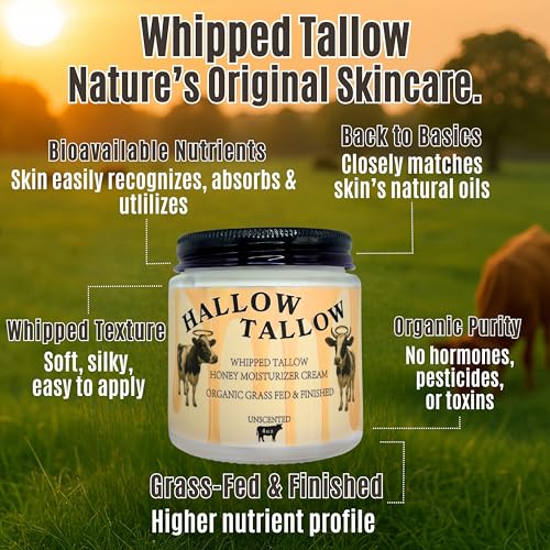 Hallow Tallow Whipped Beef Tallow Moisturizer ? 100% Grass-Fed & Finished Tallow Balm with Manuka Honey, Jojoba & Olive Oil, Calendula Extract ? Natural Hydrating Face & Body Cream, 4oz