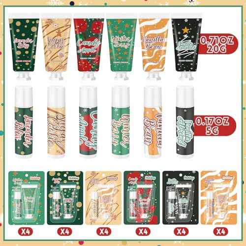 Loopeer 48pcs/24sets Christmas Hand Cream and Lip Balm Gift Sets for Women Travel Hand Lotions Moisturizing Lip Care Lipstick for Dry Cracked Christmas Stocking Stuffer Xmas Bulk Gift Coworker Adult