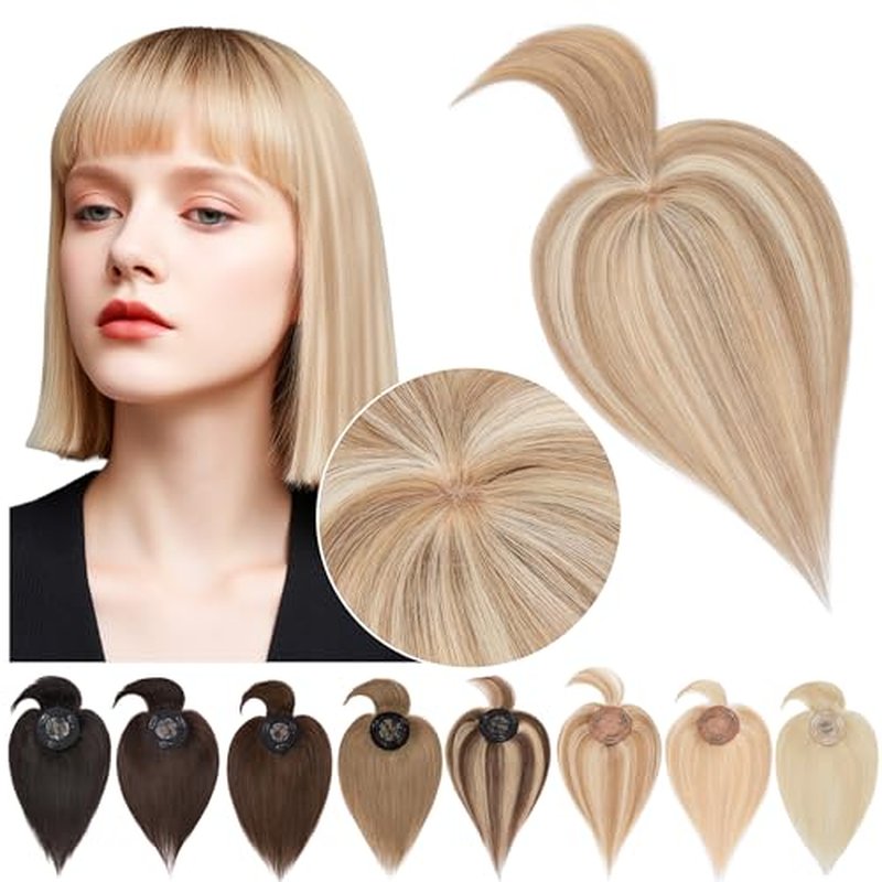SEGO Hair Toppers for Women Real Human Hair with Bangs Mono Base 14 Inch Clip In Bangs Wiglets Topper Hairpieces for Women with Thinninghair -12P613 Golden Brown&Bleach Blonde