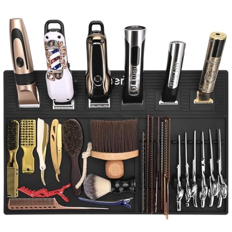 Magnetic Barber Mats for Clippers, with 6 Magnets & Dedicated Slots - 19.29"x12.6" Anti-Slip Heat Resistant Barber Station Organizer Mat, Scissors, Combs & Salon Tools Pad for Grooming Table Tray