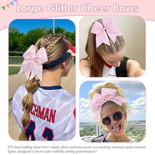 CN 10PCS Rhinestones Cheer Bows for Cheerleaders, Pink Glitter Hair Bows for Girls Large Elastic Ponytail Holder, Hair Accessories for Women Teens for Softball Competition School Spirit