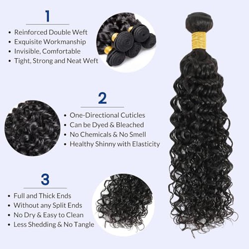 Water Wave Human Hair Bundles Curly Bundles, Natural Black Wet And Wavy Sew In Weave, Soft & Shed-free 12A 100% Brazilian Virgin Remy Hair 3 Bundles 14 16 18 Inch