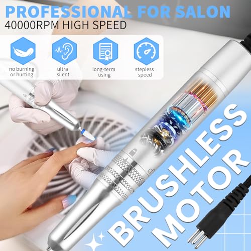 Kredioo Professional Nail Drill Brushless 40,000RPM Rechargeable 2-in-1 Portable Electric Nail File Ultra Silent Salon Must Haves Nail Tool Kit Removing Acylic Gels