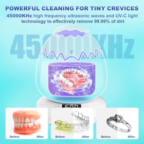 Ultrasonic Retainer Cleaner, 45kHz Denture Cleaner Machine, 4 Cleaning Modes, Removable Base, Dental Cleaning Pod for Mouth Guard/Night Guard/Braces/Aligner/Jewelry