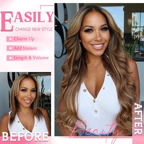 Clip in Hair Extensions Real Human Hair, Seamless Clip ins Real Human Hair for Women, Remy Human Hair Clip in Extensions, Double Weft 8pcs 16 inch Balayage Dark Brown to Chestnut Brown