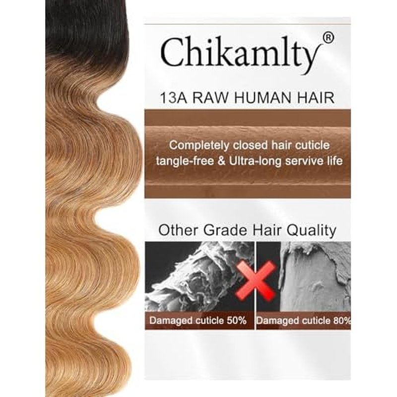 Ombre Bundles Human Hair, 13A Raw Indian Hair Bundles Body Wave, 22 Inch Colored Honey Blonde 1B27 Ombre Human Hair Bundles, 2 Years Service Life, Keep Texture Silky Soft Tangle-Free