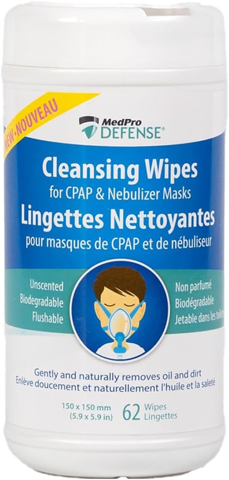 MedPro Defense CPAP Mask Cleansing Wipes for Daily Cleaning, Gently Removes Dirt and Oil, Biodegradable, Unscented, Lint-Free, and Flushable 62 count