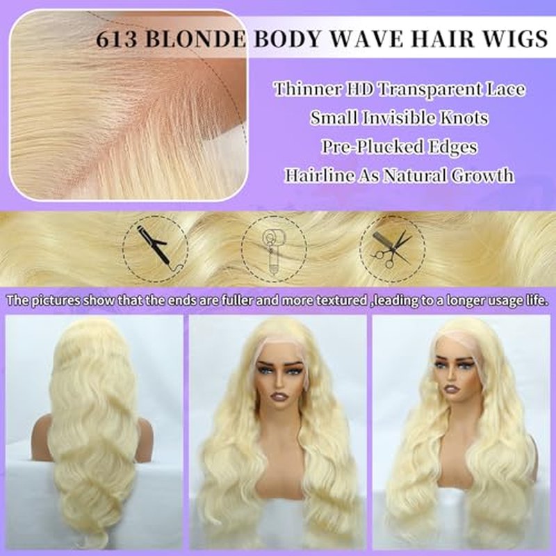 30 Inch 613 13x6 Lace Front Wig Human Hair 200 Density Blonde Body Wave Lace Front Wigs Human Hair Pre Plucked 613 HD Lace Frontal Wig 13x6 Blonde Glueless Wigs Human Hair for Women