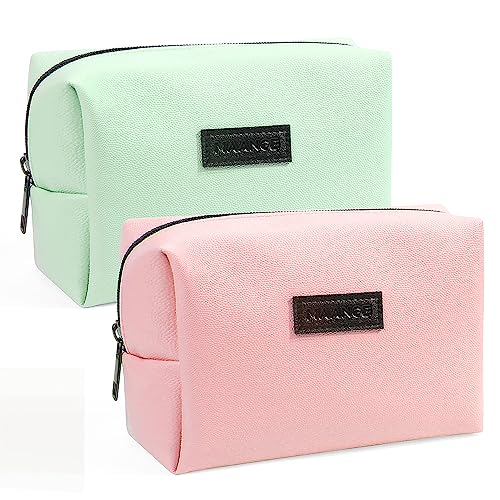 MAANGE 2 Pcs Small Makeup Bag For Purse, Travel Cosmetic Bag Makeup Pouch PU Leather Portable Versatile Zipper Pouch For Women (Pink+Green)