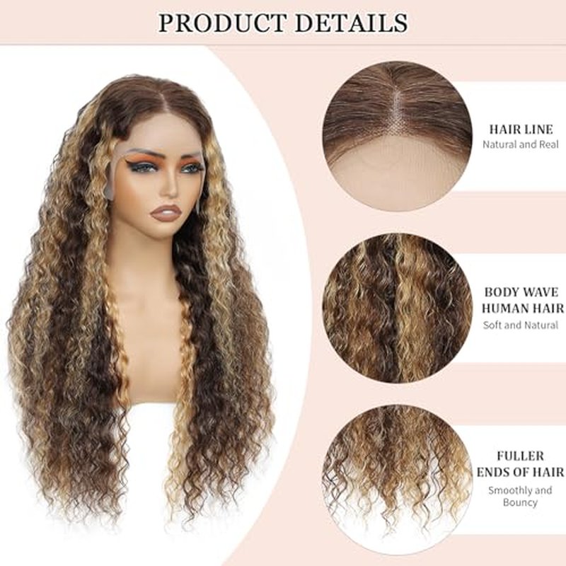 Highlight Ombre Lace Front Wigs Human Hair 13x6 Honey Blonde Deep Wave Wig Human Hair 4/27 Glueless Deep Wave Human Hair Wigs Pre Plucked with Baby Hair for Women 24 Inch
