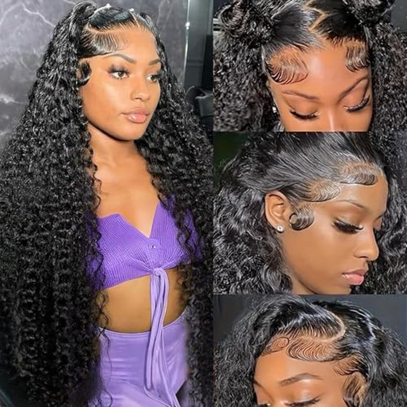 20 Inch 13x6 Lace Front Wigs Human Hair Water Wave 200 Density 13x6 HD Full Lace Frontal Wigs Pre Plucked Wet and Wavy Glueless Deep Curly Human Hair Wigs for Women Natural Black