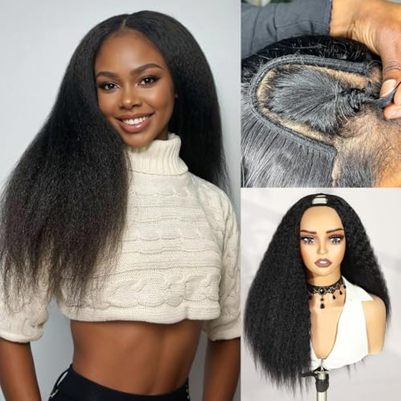 WIGER Kinky Straight U Part Wigs Human Hair Half Wig Natural Color Glueless Thin Leave Out Curly Hair 200% Density 20 Inch kinky Curly Clip in Wigs for Black Women Wear And Go Wig