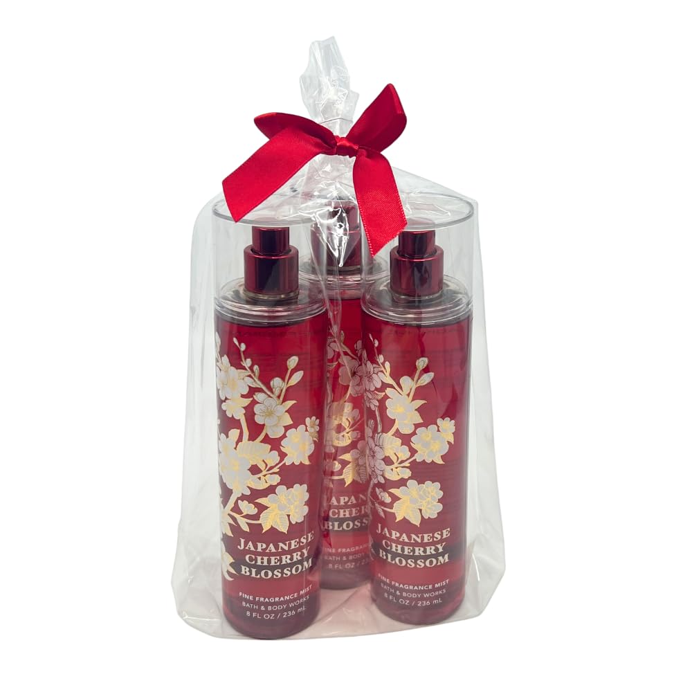 Bath & Body Works JAPANESE CHERRY BLOSSOM Fine Fragrance Mist Gift Set with a Red Bow for Holiday & Gifts - Pack of 3