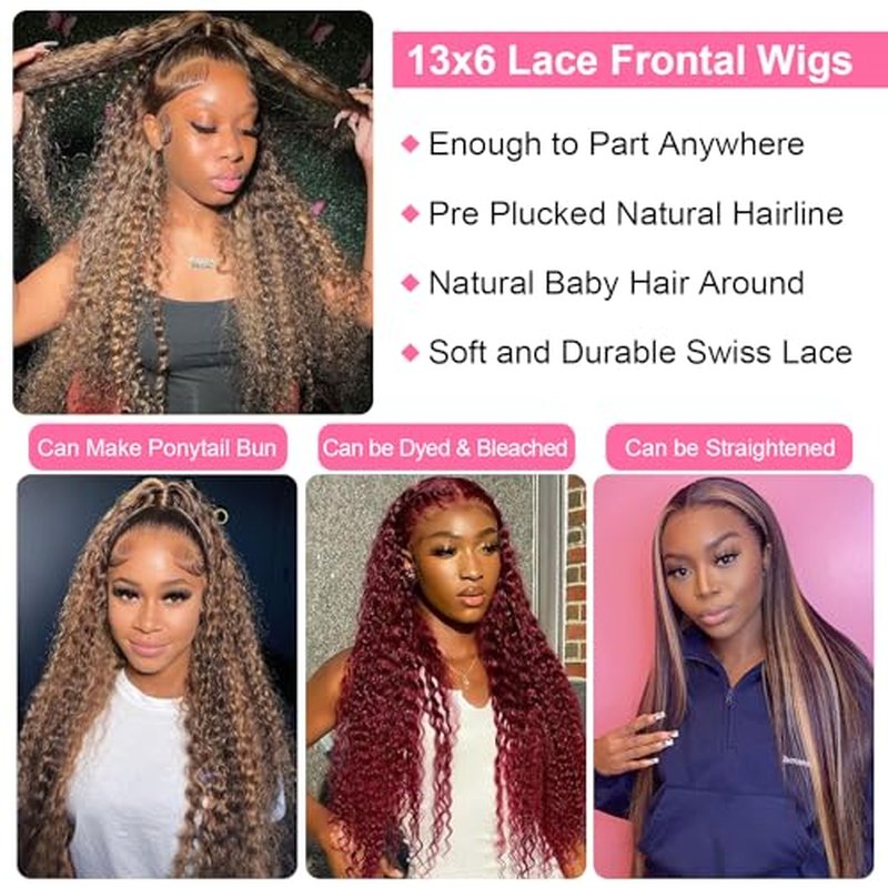 24 Inch 13x6 Deep Wave Lace Front Wigs Human Hair Pre Plucked #4/27 Highlight Ombre Colored Wigs Water Wave Honey Blonde Curly Lace Frontal Wigs Human Hair for Black Women with Baby Hair