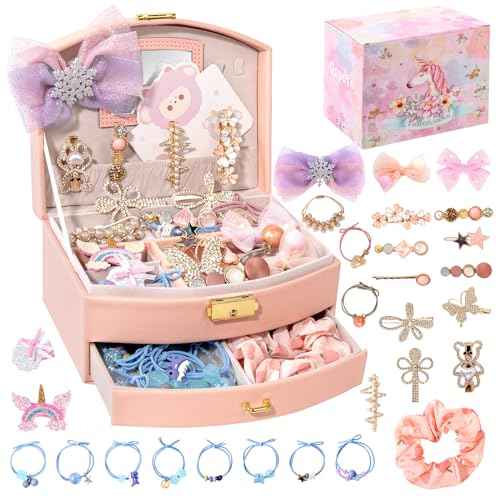 Hair Accessories Kits for Girls, Hair Set for Girls Including Gift Box/Hair Clips/Hair Barrettes/Hair Ties/Hair Bows, Little Girls Teen Girl Birthday Gifts Age 4-15 (Crystal with Case)