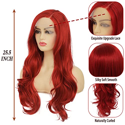 Red Lace Front Wigs for Women Long Curly Wavy Middle Part Natural Looking Wig for Party Cosplay Halloween Daily Use