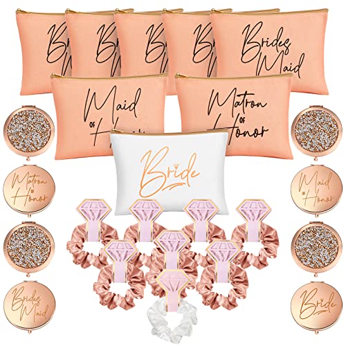 24 Pieces Bridesmaid Proposal Gifts Wedding Makeup Bag Gift Set Includes 8 Bridesmaid Makeup Bags 8 Satin Hair Scrunchies 8 Bridesmaid Compact Mirrors(Fresh Pattern)