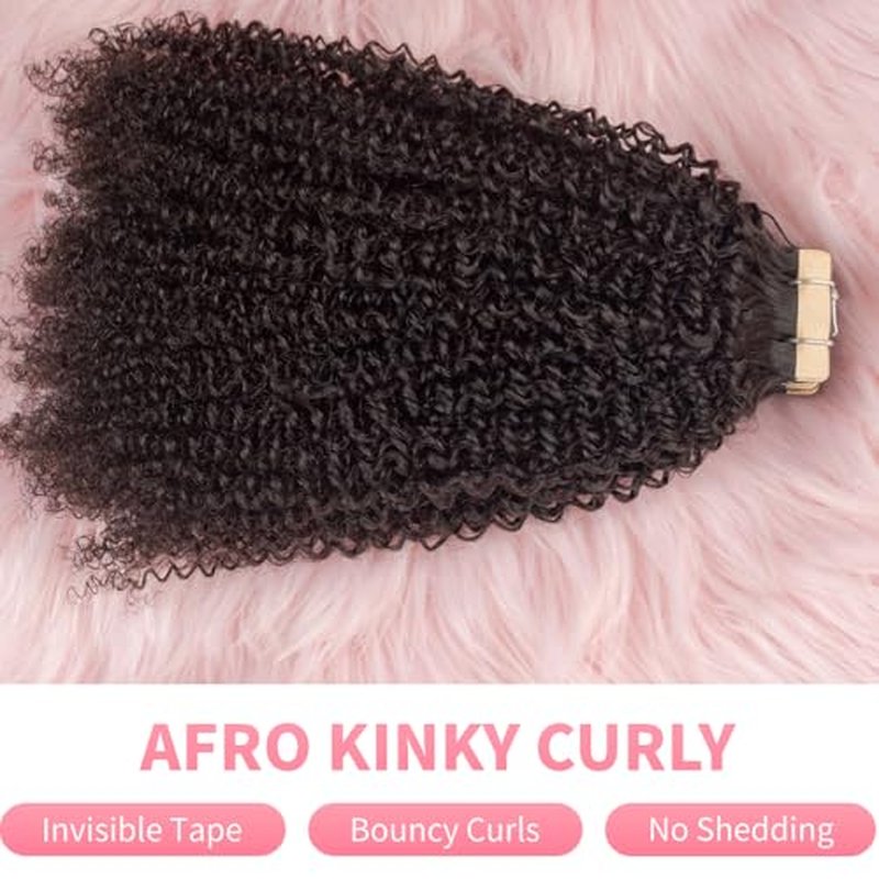 Invisible 4C Afro Kinky Curly Tape in Hair Extensions for Black Women Niawigs Black Color Real Human Hair Tape ins, 40PCS Double Sided PU Skin Weft 24 Inches
