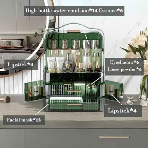 LINFIDITE Cosmetics Storage Box Transparent Lid Large Makeup Organizer Box Drawers Portable Handle Waterproof Dustproof Skincare Display Cases for Countertop, Bathroom, Dresser,Gift Clear Green