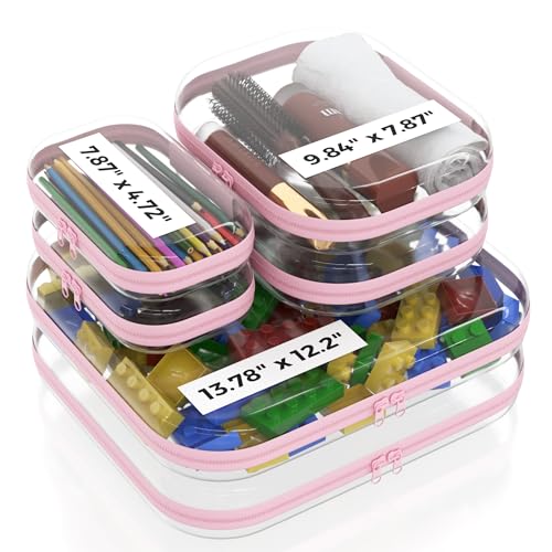 Extra Large 13.7" Durable Clear Hard Zipper Case 6 Pack, 2x Large, 2x Medium, 2x Small, Clear Travel Makeup Bag, Hard Plastic Travel Toiletry Bag for Women, Toy & Make Up Organizer Pouch