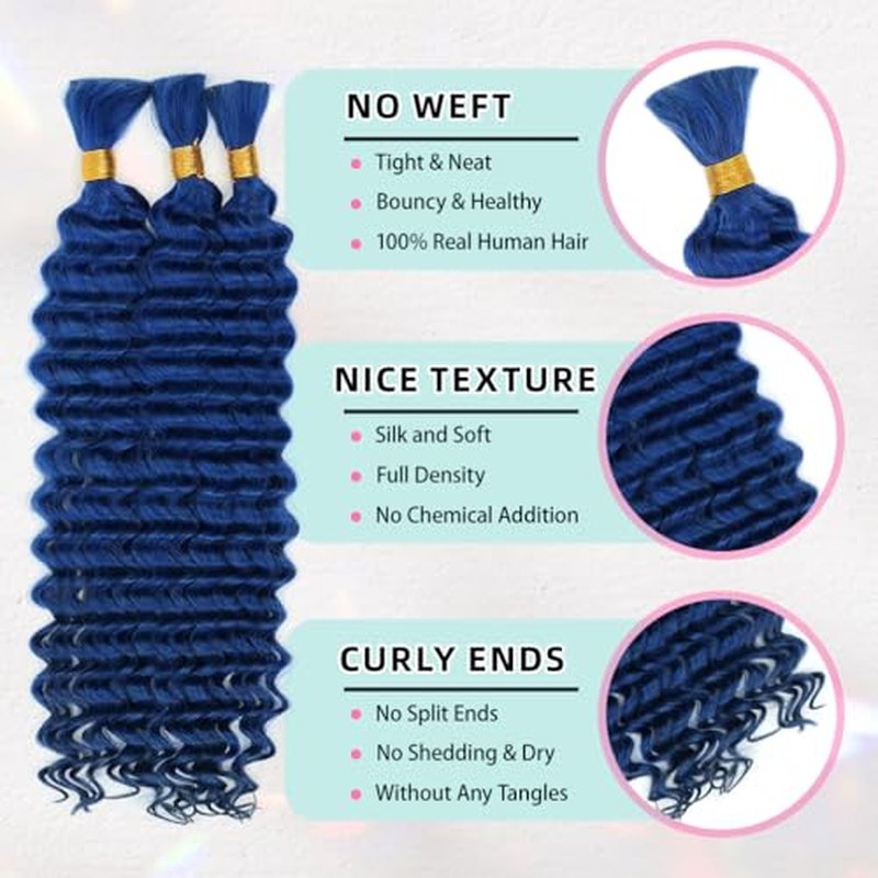 18 Inch Deep Wave Human Braiding Hair for Boho Braids ? 120g 3 Bundles/Pack Blue 100% Unprocessed 12A Brazilian Virgin Human Hair Bulk, No Weft, Wet & Wavy Curly Extensions
