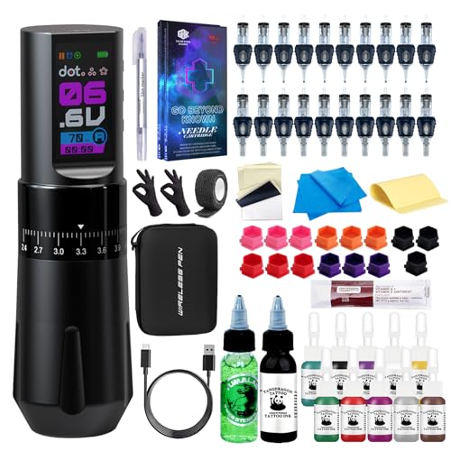 Complete Wireless Tattoo Gun Kit for Beginners | Rotary Tattoo Pen with 7 Adjustable Strokes | Rechargeable Cordless Battery | 20Pcs Tattoo Cartridge Needles Set