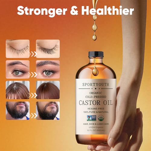 SPORTYOUTH Castor Oil Organic, Cold Pressed, Hexane Free, USDA Certified 100% Pure 32oz Glass Bottle Non-GMO Unrefined Carrier Oil for Hair Growth, Castor Oil Pack, Eyelashes, Brows, Skin, Face