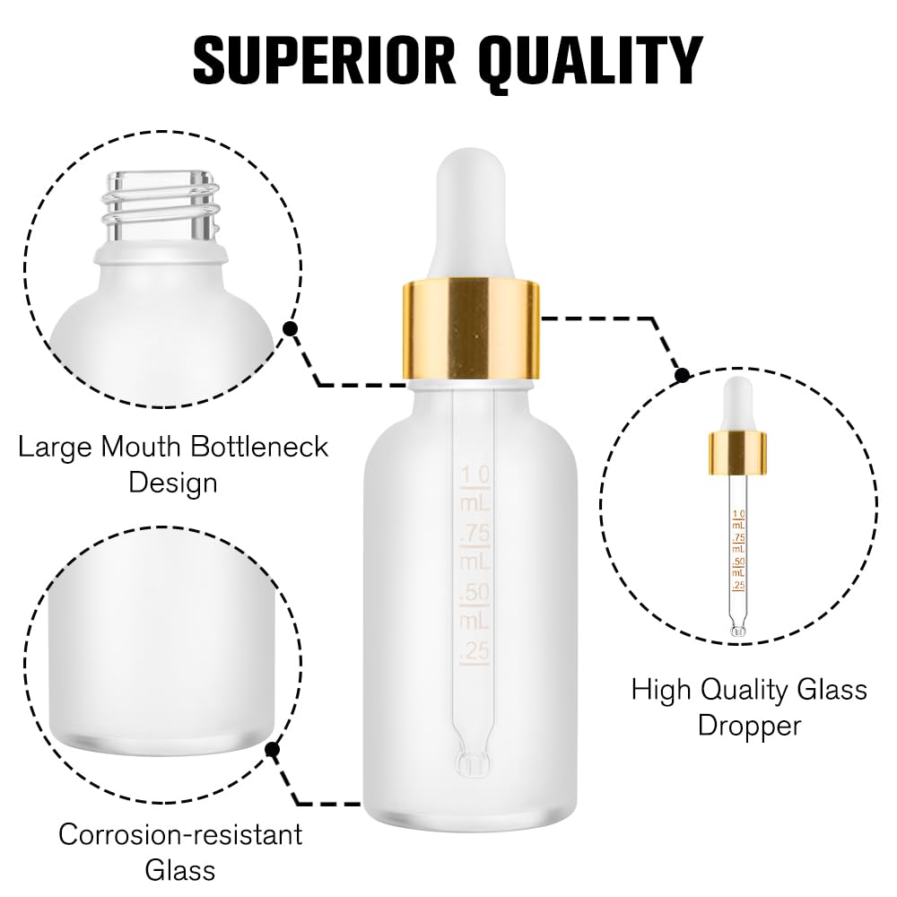 PrettyCare 1oz Glass Dropper Bottle Set of 24, Thick Rose Frosted Glass Bottles Empty with Leakproof Caps, Labels, Funnels - 30ml Eye Dropper Bottles for Storage, Travel, Essential Oils, Tincture