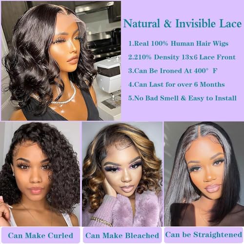 Oriole Body Wave Bob Wig Human Hair 13x6 HD Lace Front Wigs Human Hair Pre Plucked 210% Density Glueless Wig Bob Wigs for Black Women Natural Black 10 Inch