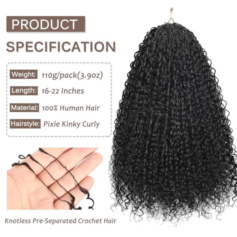 Beauty Youth Afro Kinky Curly Human Crochet Hair - Knotless Pre-Separated Feather-Light Crochet Human Hair Extensions For Braids - 110g/Pack