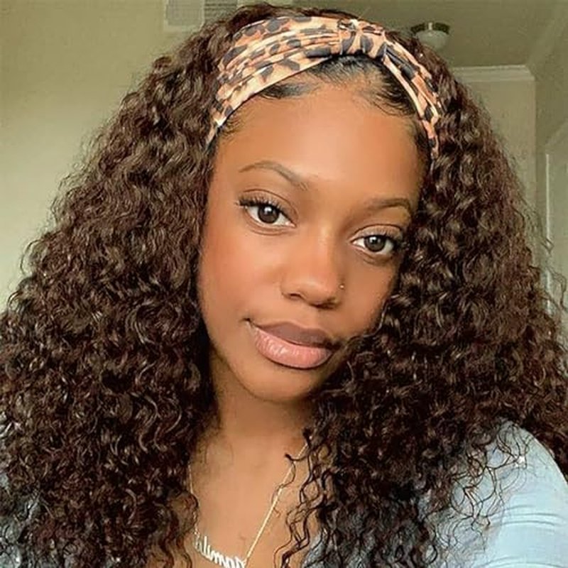 Aiterina Headband Wig Human Hair Headband Wig Deep Wave Human Hair Wigs for Black Women Glueless Human Hair Wigs Machine Made 150% Density No Lace Deep Headband Wig Chocolate Brown 24 inch