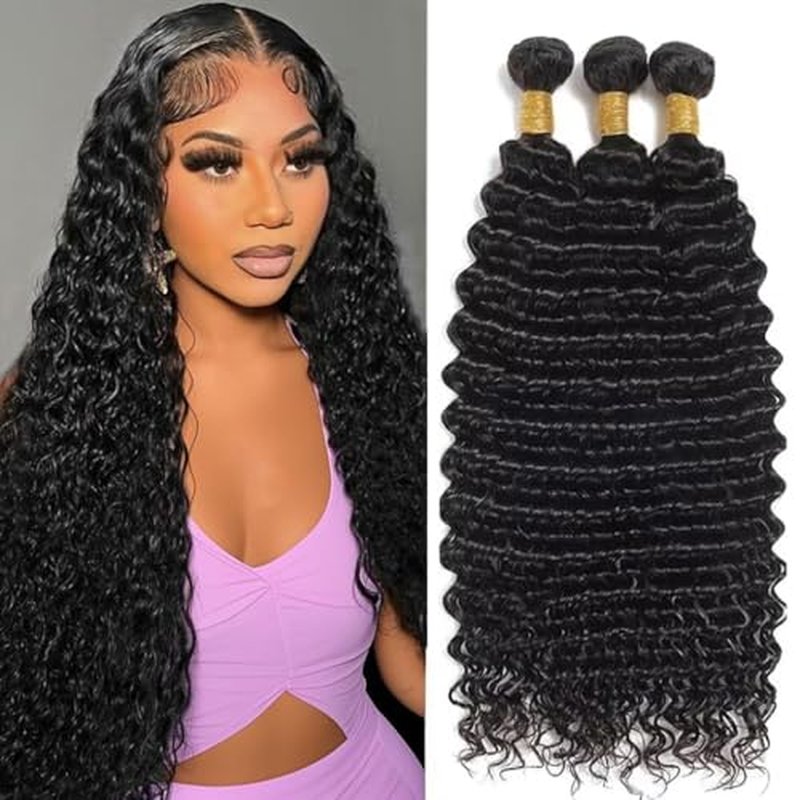 Deep Wave Human Hair Bundles 18 20 22 Inch Deep Wave Bundles 100% Unprocessed Brazilian Virgin Hair 3 Bundles Curly Bundles Hair Extensions Real Human Hair Wavy Quick Weave Bundles Natural Black
